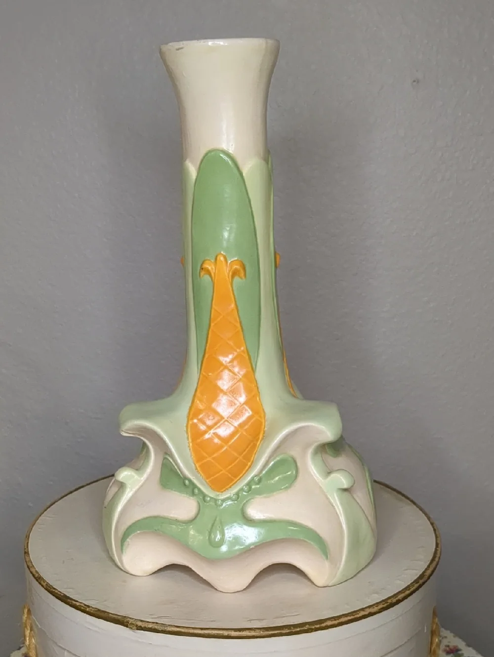 Vintage 60s Mid Century Vase Avocado Green & Orange Newell Studios 1967 Signed